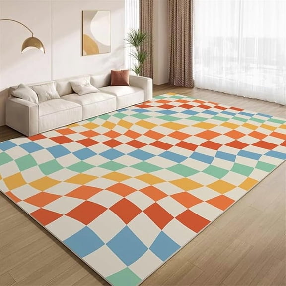 Vintage Rainbow Checkerboard Area Rug Colorful Abstract Twisted Psychedelic Plaid Rugs Non Slip Non Shedding Print Floor Carpet for Living Room Bedroom Office Entrance Foyer 2 x 3ft