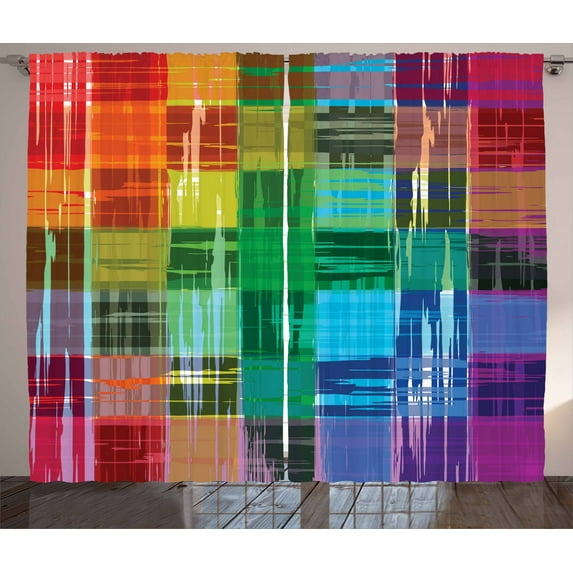 Ambesonne Vintage Rainbow Curtains 2 Panel Set, Plaid Art Pattern, 108" x 96", Multicolor
