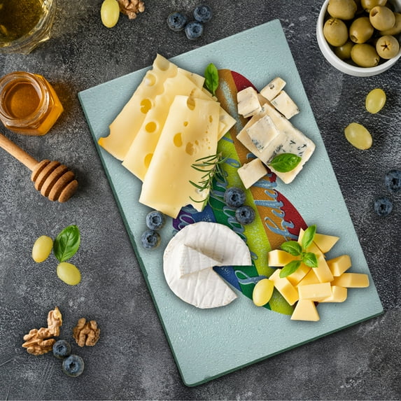 Vintage Rainbow Cutting Board, Happy Valentine`s Day Words on Distressed Colorful Heart Gay Couples LGBTI, Decorative Tempered Glass Cutting and Serving Board, Small Size, Multicolor, by Ambesonne