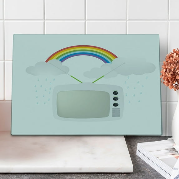 Vintage Rainbow Cutting Board, Old TV with Raining Clouds on Antennas Broadcast Entertainment Technology, Decorative Tempered Glass Cutting and Serving Board, Large Size, Multicolor, by Ambesonne