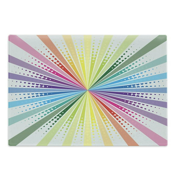 Vintage Rainbow Cutting Board, Retro Style Burst Effect with Halftone Details Colorful Rays Pop Sixties, Decorative Tempered Glass Cutting and Serving Board, Large Size, Multicolor, by Ambesonne