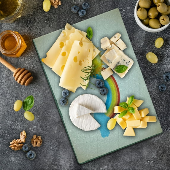 Vintage Rainbow Cutting Board, Sun over the Clouds on a Beige Diagonal Lines Background Summer Season, Decorative Tempered Glass Cutting and Serving Board, Small Size, Multicolor, by Ambesonne