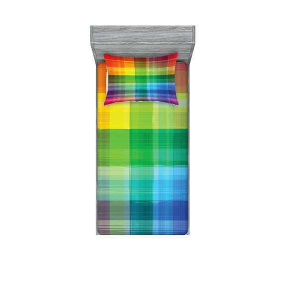 Vintage Rainbow Fitted Sheet & Pillow Sham Set, Retro Plaid Design Checkered Squares Rainbow Colored Geometric Pattern, Decorative Printed 4 Piece Bedding Decor Set, Twin, Multicolor, by Ambesonne