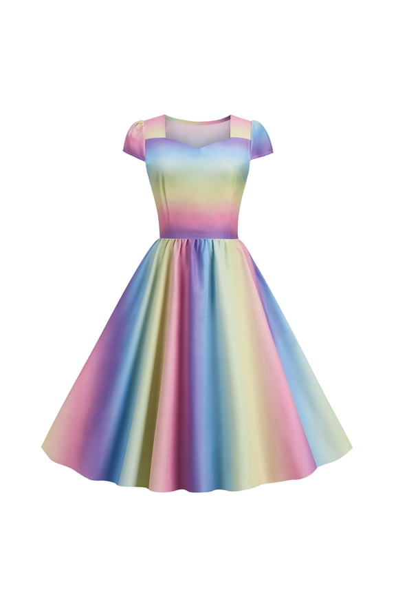Vintage Rainbow Gradient Dress for Women Cap Sleeve Pleated Flowy Midi Dress Casual Square Neck Swing Party Dresses