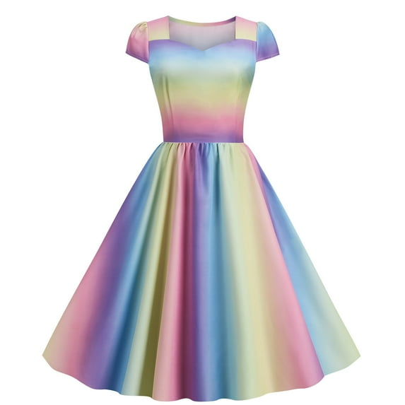 Vintage Rainbow Gradient Dress for Women Cap Sleeve Pleated Flowy Midi Dress Casual Square Neck Swing Party Dresses