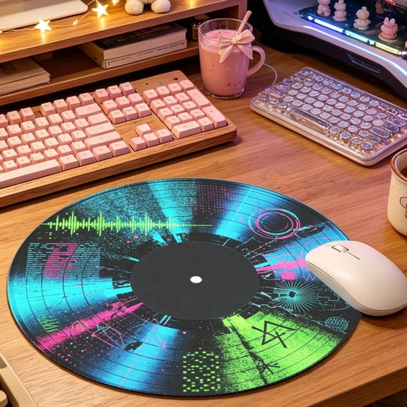 Vintage Rainbow Gradient Vinyl Record Round Mouse Pad, 2D Printed Mat for Office Gaming (8.66in), Desktop Decor & Festival Gift