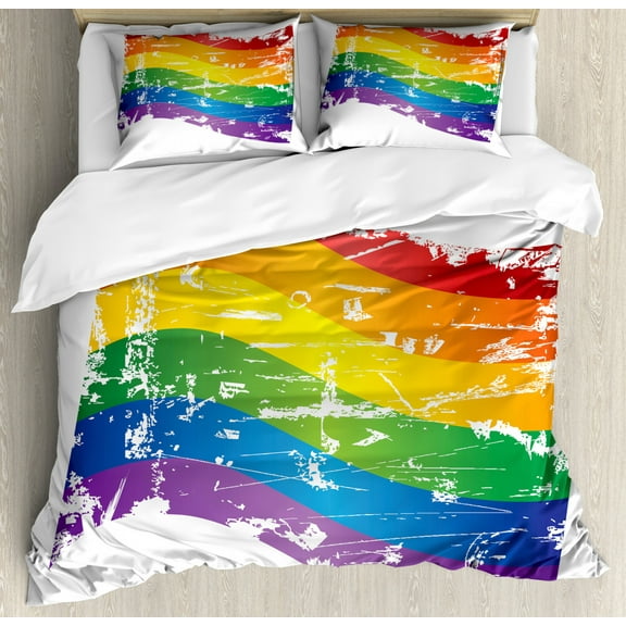 Vintage Rainbow King Size Duvet Cover Set, Grunge Style Gay Pride Flag LGBT Community Themed Antique Rainbow Stripes, Decorative 3 Piece Bedding Set with 2 Pillow Shams, Multicolor, by Ambesonne