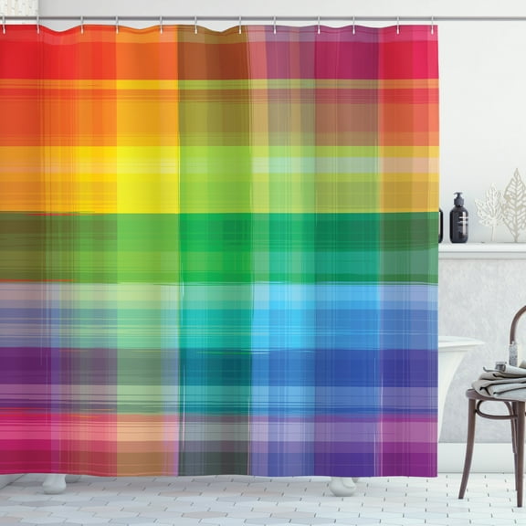 Vintage Rainbow Shower Curtain, Retro Plaid Design Checkered Squares Rainbow Colored Geometric Pattern, Fabric Bathroom Set with Hooks, 69W X 70L Inches, Multicolor, by Ambesonne