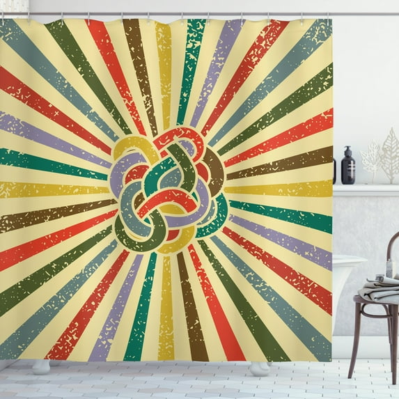 Vintage Rainbow Shower Curtain, Sixties Style Tangled Doodle Stripes Colorful Burst of Lines Background, Fabric Bathroom Set with Hooks, 69W X 70L Inches, Multicolor, by Ambesonne