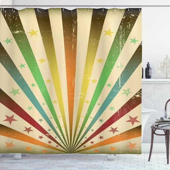 Vintage Rainbow Shower Curtain, Worn Out Effect with Colorful Stripe and Stars Retro Carnival Theme Pattern, Fabric Bathroom Set with Hooks, 69W X 70L Inches, Multicolor, by Ambesonne