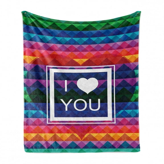 Vintage Rainbow Soft Flannel Fleece Blanket, Colorful Fractal Mosaic Backdrop with Heart and I Love You Frame Valentines, Cozy Plush for Indoor and Outdoor Use, 50" x 70", Multicolor, by Ambesonne