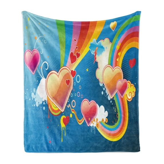 Vintage Rainbow Soft Flannel Fleece Blanket, Funky Illustration of Heart Shapes Floral Elements Clouds Valentines Love, Cozy Plush for Indoor and Outdoor Use, 50" x 60", Multicolor, by Ambesonne
