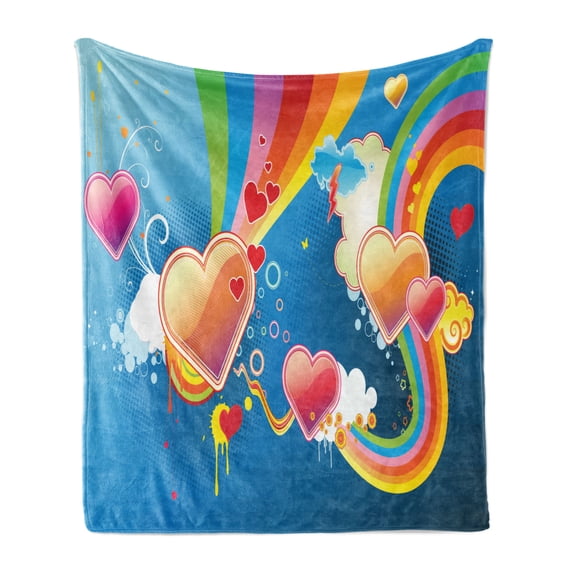 Vintage Rainbow Soft Flannel Fleece Blanket, Funky Illustration of Heart Shapes Floral Elements Clouds Valentines Love, Cozy Plush for Indoor and Outdoor Use, 60" x 80", Multicolor, by Ambesonne