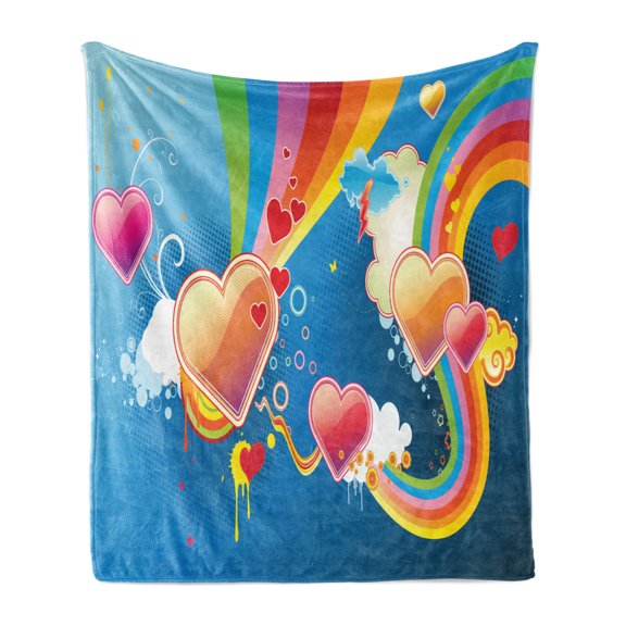 Vintage Rainbow Soft Flannel Fleece Blanket, Funky Illustration of Heart Shapes Floral Elements Clouds Valentines Love, Cozy Plush for Indoor and Outdoor Use, 70" x 90", Multicolor, by Ambesonne