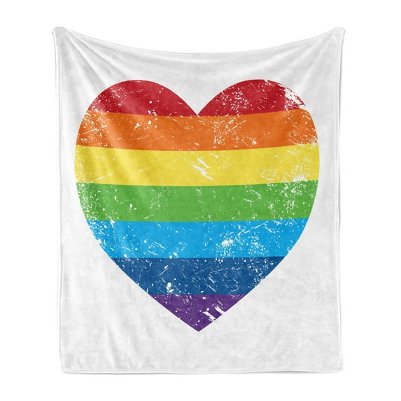 Vintage Rainbow Soft Flannel Fleece Blanket, Heart Shape with LGBT Flag Design Gay Pride Themed Image with Retro Effect, Cozy Plush for Indoor and Outdoor Use, 50" x 60", Multicolor, by Ambesonne