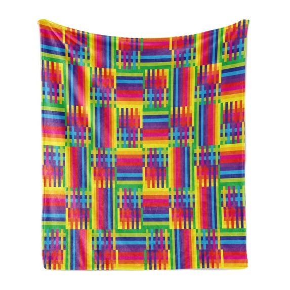 Vintage Rainbow Soft Flannel Fleece Blanket, Horizontal and Vertical Short Lines Vibrant Colored Mosaic Striped Pattern, Cozy Plush for Indoor and Outdoor Use, 50" x 60", Multicolor, by Ambesonne