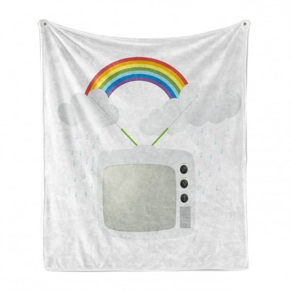 Vintage Rainbow Soft Flannel Fleece Blanket, Old TV with Raining Clouds on Antennas Broadcast Entertainment Technology, Cozy Plush for Indoor and Outdoor Use, 60" x 80", Multicolor, by Ambesonne