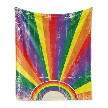 Vintage Rainbow Soft Flannel Fleece Blanket, Weathered Looking Colorful Rays Burst Gay Parade LGBTI Festival Celebration, Cozy Plush for Indoor and Outdoor Use, 70" x 90", Multicolor, by Ambesonne