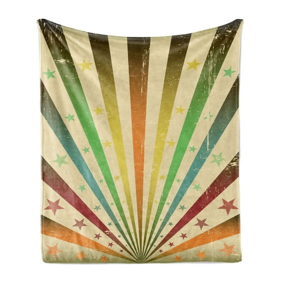 Vintage Rainbow Soft Flannel Fleece Blanket, Worn out Effect with Colorful Stripe and Stars Retro Carnival Theme Pattern, Cozy Plush for Indoor and Outdoor Use, 60" x 80", Multicolor, by Ambesonne