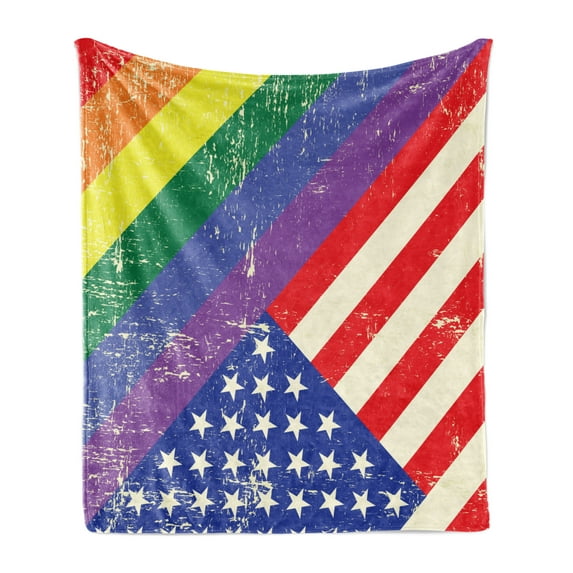 Vintage Rainbow Soft Flannel Fleece Blanket, Worn out Pride Flag and Old Glory Patriotism Freedom and LGBT Themed Design, Cozy Plush for Indoor and Outdoor Use, 70" x 90", Multicolor, by Ambesonne
