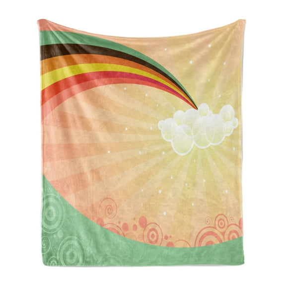 Vintage Rainbow Soft Flannel Fleece Throw Blanket, Rainbow Coming out of a Cloud Sky with Stars Retro Style, Cozy Plush for Indoor and Outdoor Use, 70" x 90", Multicolor, by Ambesonne