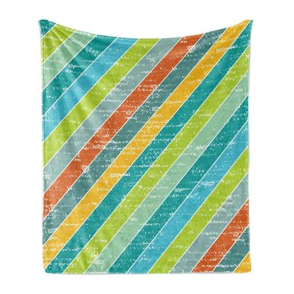 Vintage Rainbow Soft Flannel Fleece Throw Blanket, Diagonal Stripes with Grunge Effect Funky and Geometric Weathered Look, Cozy Plush for Indoor and Outdoor Use, 50" x 60", Multicolor, by Ambesonne