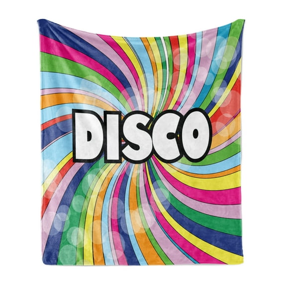 Vintage Rainbow Soft Flannel Fleece Throw Blanket, Eighties Style Disco Advertisement with Swirled Spiral Colorful Stripes, Cozy Plush for Indoor and Outdoor Use, 70" x 90", Multicolor, by Ambesonne