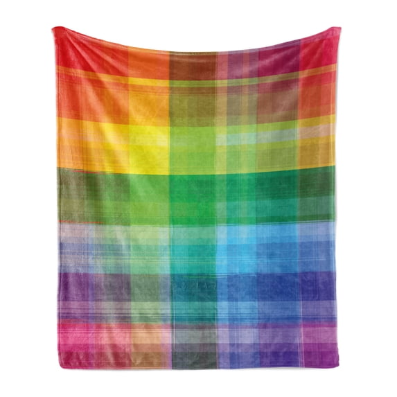 Vintage Rainbow Soft Flannel Fleece Throw Blanket, Retro Plaid Design Checkered Squares Rainbow Colored Geometric Pattern, Cozy Plush for Indoor and Outdoor Use, 50" x 70", Multicolor, by Ambesonne