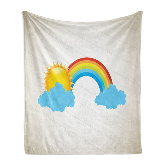 Vintage Rainbow Soft Flannel Fleece Throw Blanket, Sun over the Clouds on a Beige Diagonal Lines Background Summer Season, Cozy Plush for Indoor and Outdoor Use, 70" x 90", Multicolor, by Ambesonne