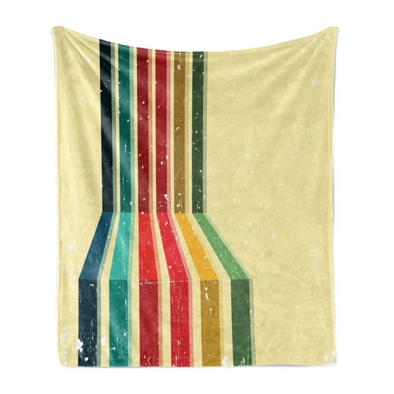 Vintage Rainbow Soft Flannel Fleece Throw Blanket, Vertical Colored Stripes with Grunge Effect on a Pale Yellow Background, Cozy Plush for Indoor and Outdoor Use, 60" x 80", Multicolor, by Ambesonne