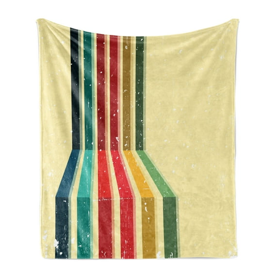 Vintage Rainbow Soft Flannel Fleece Throw Blanket, Vertical Colored Stripes with Grunge Effect on a Pale Yellow Background, Cozy Plush for Indoor and Outdoor Use, 70" x 90", Multicolor, by Ambesonne