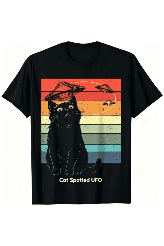 Vintage Rainbow Striped UFO Space Cat Graphic T-Shirt, Funny Surprised Black Kitten Casual Short Sleeve Cotton Tee for Cat & UFO Lovers