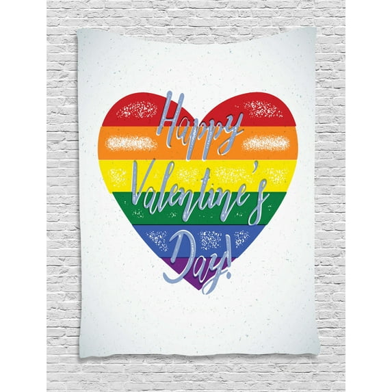 Vintage Rainbow Tapestry, Happy Valentine`s Day Quote on Distressed Colorful Heart Gay Couples LGBTI, Wall Hanging for Bedroom Living Room Dorm Decor, 60W X 80L Inches, Multicolor, by Ambesonne