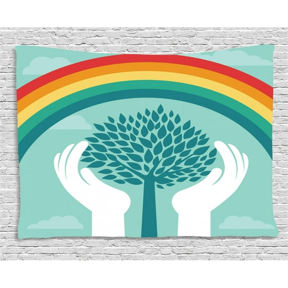 Vintage Rainbow Tapestry, Tree Silhouette Between Human Hands Protecting Nature Theme Growth Ecology, Wall Hanging for Bedroom Living Room Dorm Decor, 80W X 60L Inches, Multicolor, by Ambesonne