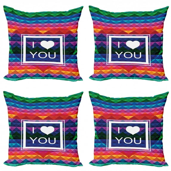 Ambesonne Rainbow Throw Pillow Cover 4 Pack, I Love You Frame Heart, 20", Multicolor