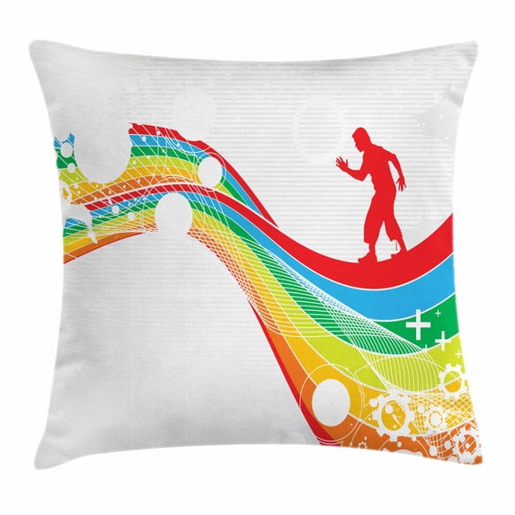 Vintage Rainbow Throw Pillow Cushion Cover, Abstract Wave with Men Silhouettes Circles Stripes Dots Futuristic Style, Decorative Square Accent Pillow Case, 24 X 24 Inches, Multicolor, by Ambesonne