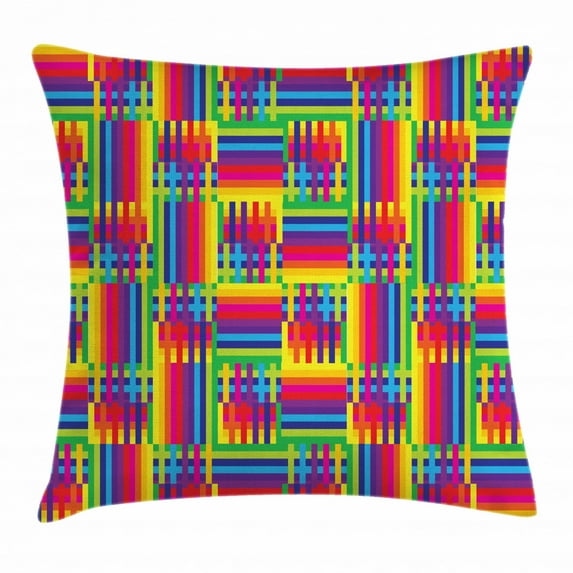 Vintage Rainbow Throw Pillow Cushion Cover, Horizontal and Vertical Short Lines Vibrant Colored Mosaic Striped Pattern, Decorative Square Accent Pillow Case, 16 X 16 Inches, Multicolor, by Ambesonne