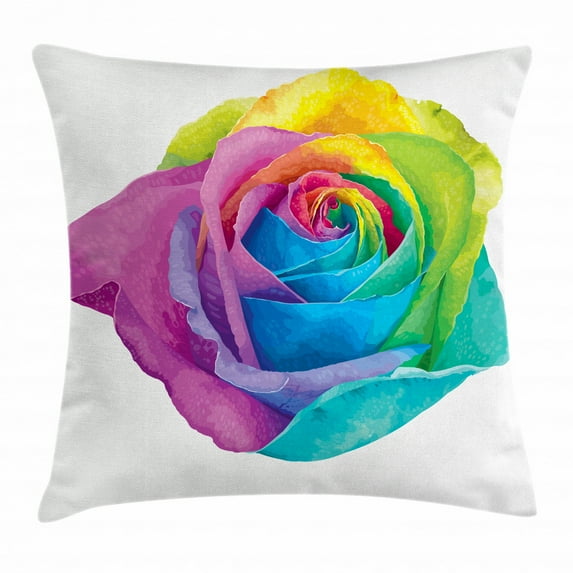 Vintage Rainbow Throw Pillow Cushion Cover, Romantic Blooming Rose with Colorful Petals Love Flower Valentine's Day, Decorative Square Accent Pillow Case, 16 X 16 Inches, Multicolor, by Ambesonne