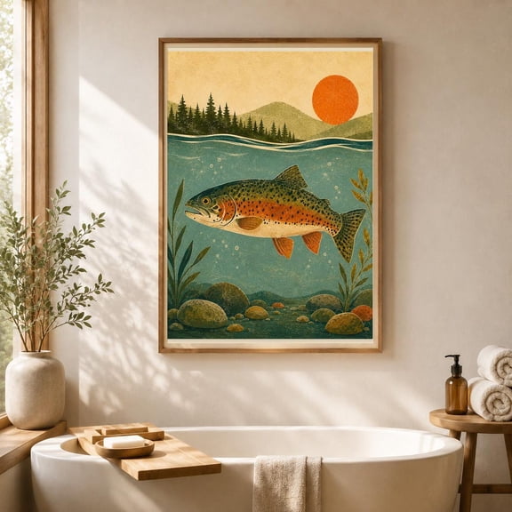Vintage Rainbow Trout Wall Art Print With Rustic Fishing Cabin And Lake House Decor Unframed Paper Print