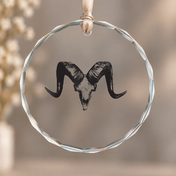 Vintage Ram Skull Animal Theme Ornament, Indoor Decoration, Circle Glass Ornament