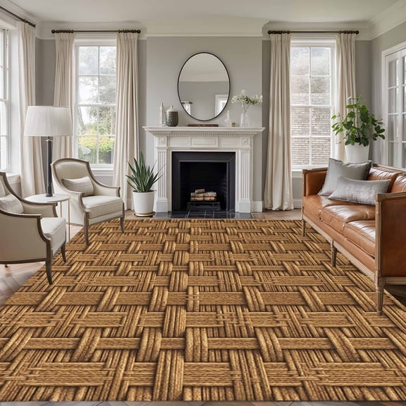 Vintage Rattan 6'x9' Area Rug for Living Room, Minimalist Abstract Wicker Texture Brown Non-Slip Floor Mat Rugs for Bedroom Dining Room, Indoor Large Carpet for Classroom, Nursery Rugs for Playroom