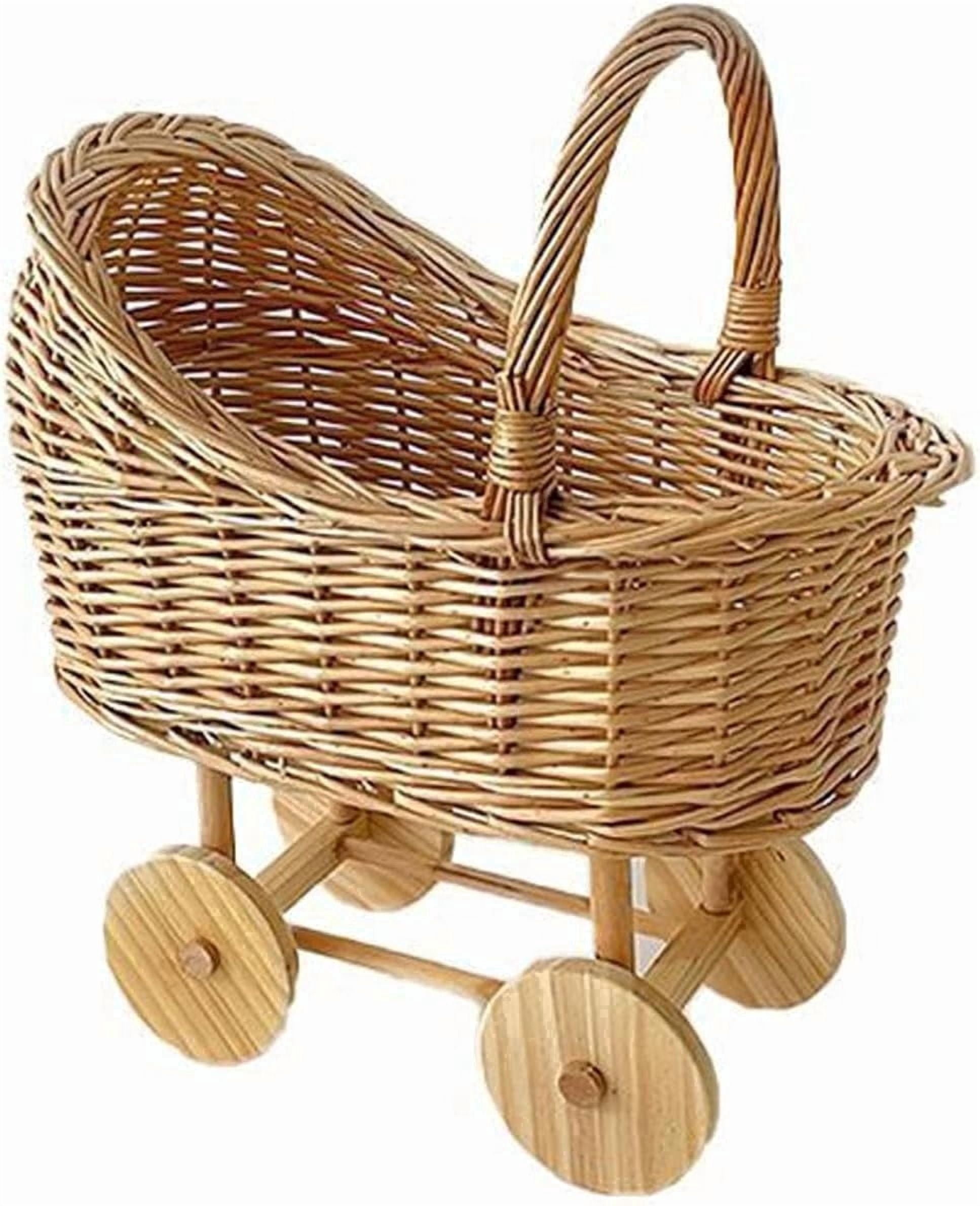 Vintage Rattan Baby Stroller Basket – Handwoven Wicker Doll Carriage Planter for Floral Arrangements, Home Decor & Baby Shower Centerpieces, Table Decor & Gift Basket with Wheels(RL M 1 PC)