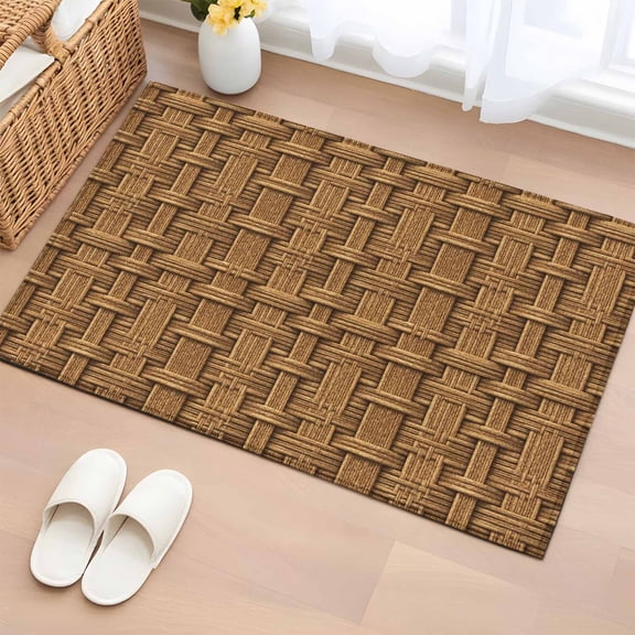 Vintage Rattan Bathroom Rug Washable 2x3 Entryway Rug Non Slip Minimalist Abstract Wicker Texture Brown Front Door Mat Low Pile Indoor Doormat Throw Floor Carpet for Kitchen Bedroom Entrance
