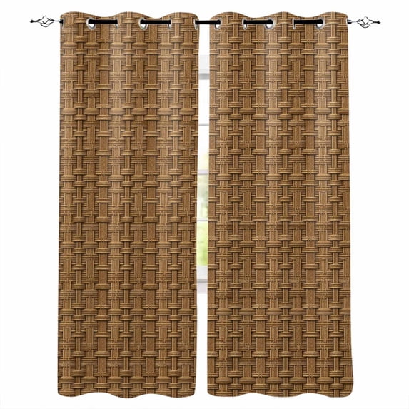 Vintage Rattan Blackout Curtains for Bedroom - 84 Inch Long Light Blocking 2 Panels Set, Minimalist Abstract Wicker Texture Brown Thermal Insulated Living Room Drapes Grommet Window Curtains 52"x84"