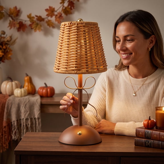 Vintage Rattan LED Table Lamp Rechargeable Touch Dimmable Bedside Light ...