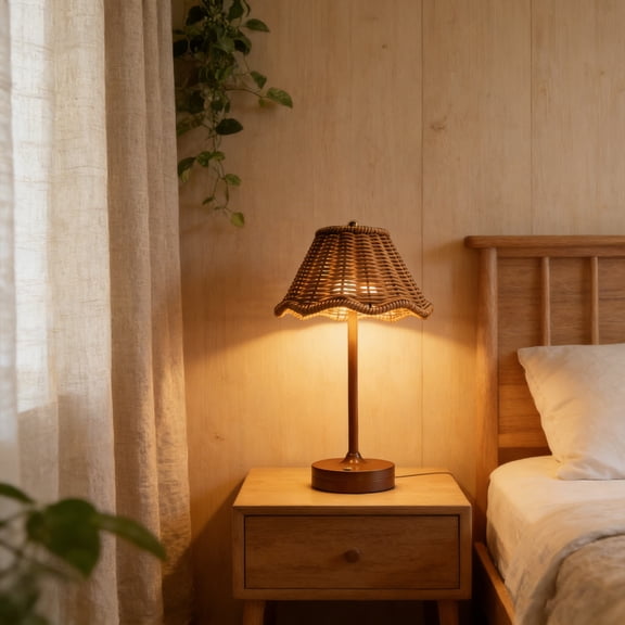 Vintage Rattan LED Table Lamp, Rechargeable Touch Dimmable Bedside Light, Scalloped Woven Shade Lamp, Portable Accent Light for Bedroom, Living Room, Patio & Home Decor, Brown, 12.4*6.4in