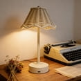 thumbnail image 1 of Vintage Rattan LED Table Lamp Rechargeable Touch Dimmable Bedside Light, USB Powered, Scalloped Woven Shade, Warm White, Indoor Outdoor Use, 1 of 8