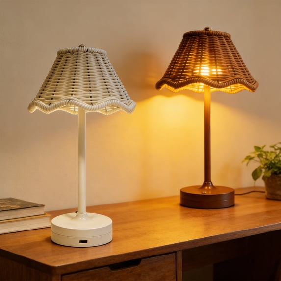 Vintage Rattan LED Table Lamp Rechargeable Touch Dimmable Bedside Light, USB Powered, Scalloped Woven Shade, Warm White, Indoor Outdoor Use