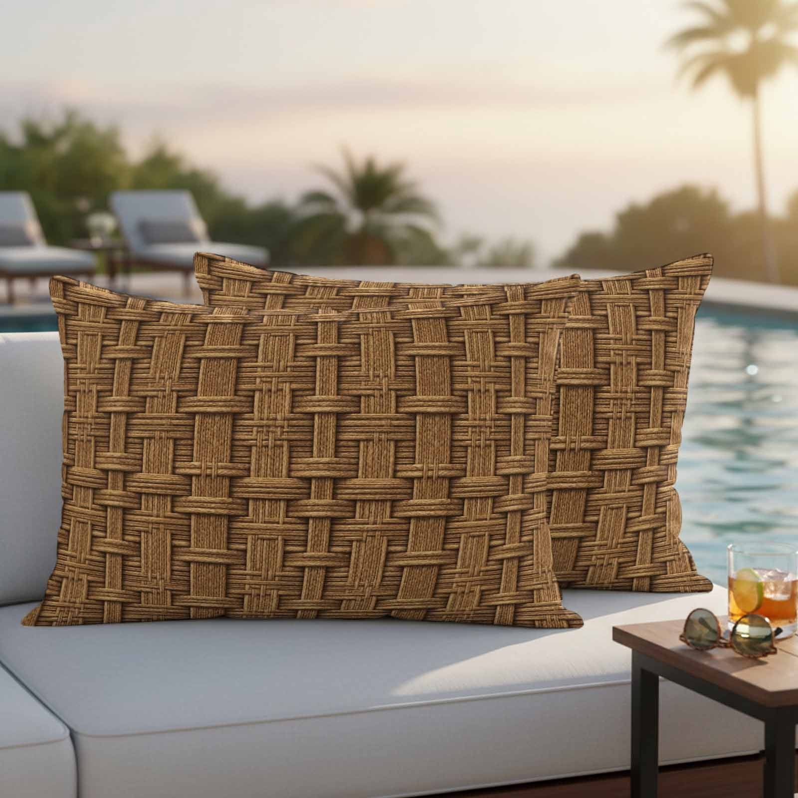 Vintage Rattan Outdoor Pillow Covers 20x12 Inch Lumbar Pillow Covers Set of 2 Waterproof Decorative Throw Pillow Cases Minimalist Abstract Wicker Texture Brown Cushion Covers for Patio Furniture