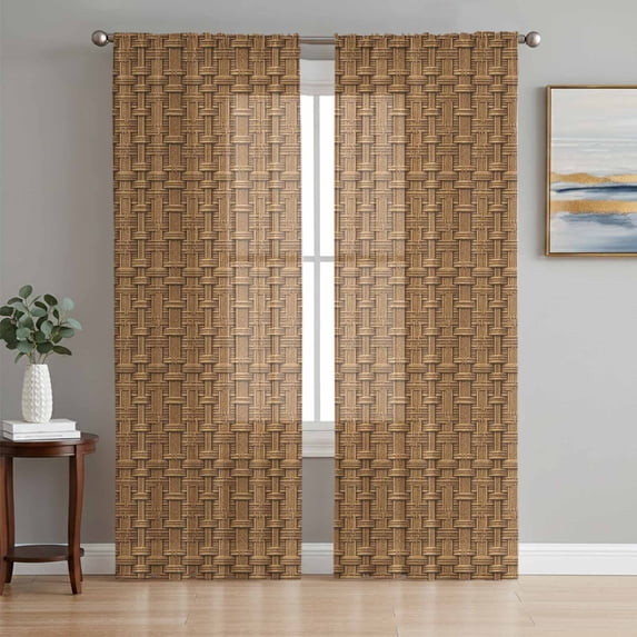 Vintage Rattan Sheer Curtains 72 Inch Length 2 Panels Set Window Treatments, Minimalist Abstract Wicker Texture Brown Rod Pocket Semi Curtains for Living Room/Bedroom/Kitchen Décor, 104"W x 72"L